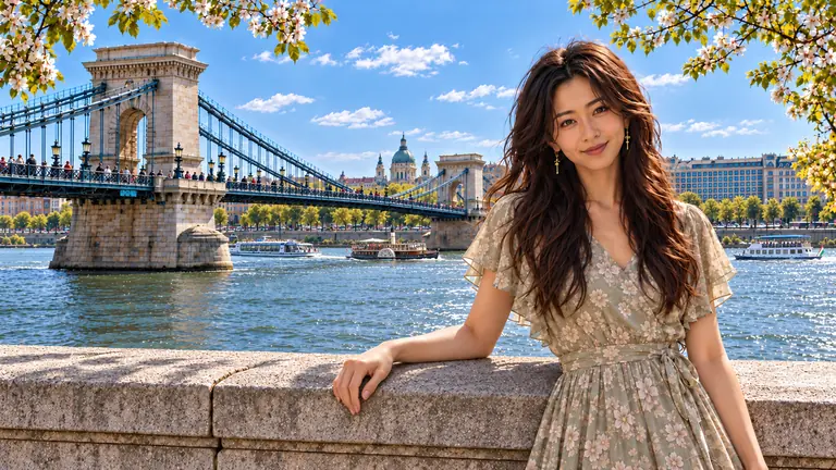 Lin Yue in a floral dress beside the Danube on Buda, with the Chain Bridge and Pest in spring sunlight