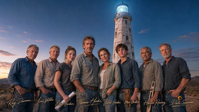 The eight members of the lighthouse builder team standing together beneath the completed tower, with their names signed below